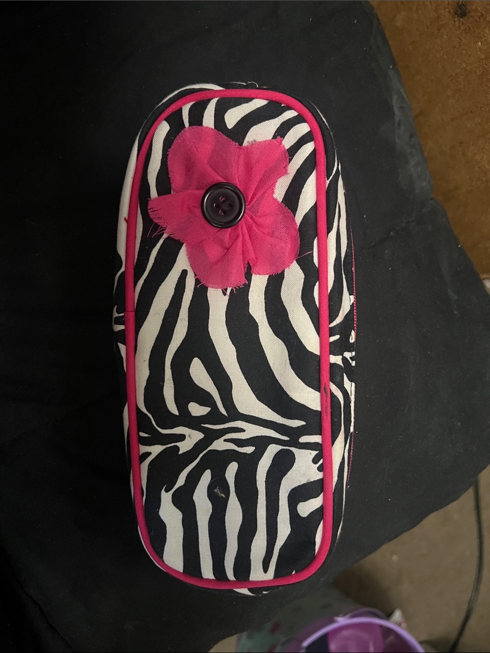 Vintage- Zebra Print Cosmetic Case with Pink Flower Accent